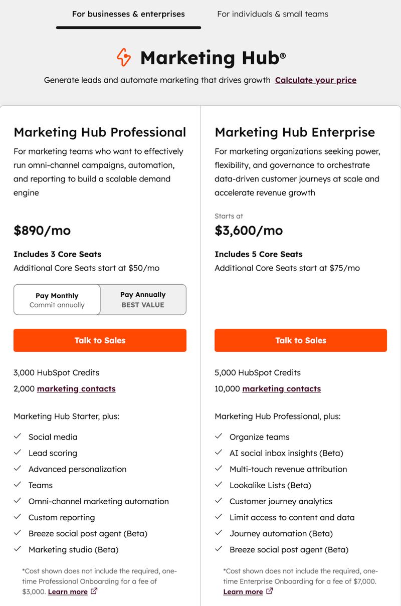 marketing hub pricing chart from HubSpot