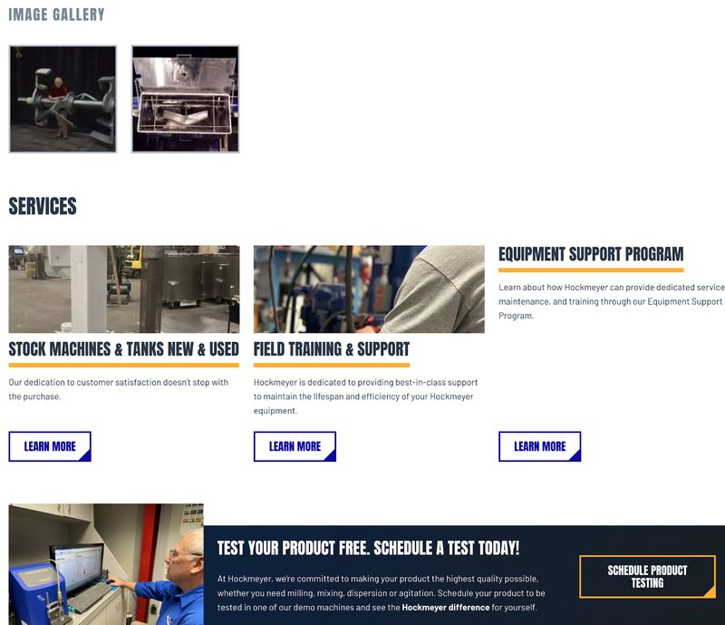 bottom half of B2B manufacturer Hockmeyer's "Horizontal Paste Mixer" product page images, related services, and a CTA