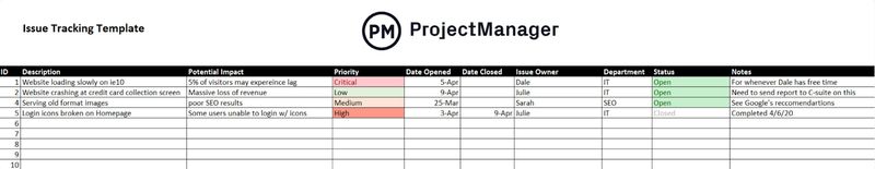 sample website issue tracking template from work management software company ProjectManager
