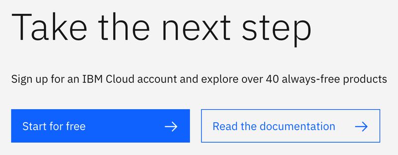 screenshot of "Start for free" and "Read the documentation" calls-to-action at IBM.com