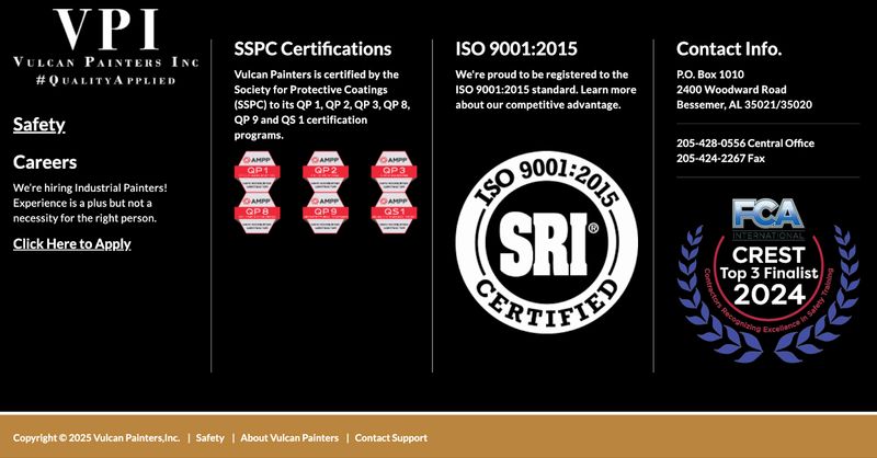 Vulcan Painters, Inc.'s website footer featuring trust badges and certifications