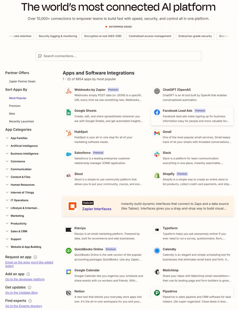 automation platform Zapier's "Apps and Software Integrations" web page showing over 8,000 app options