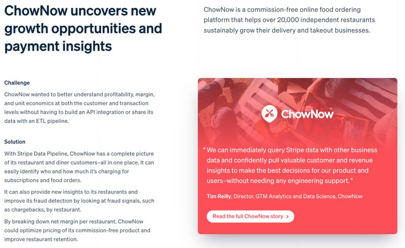 case study featured on B2B financial infrastructure platform Stripe's "Data Pipeline" page