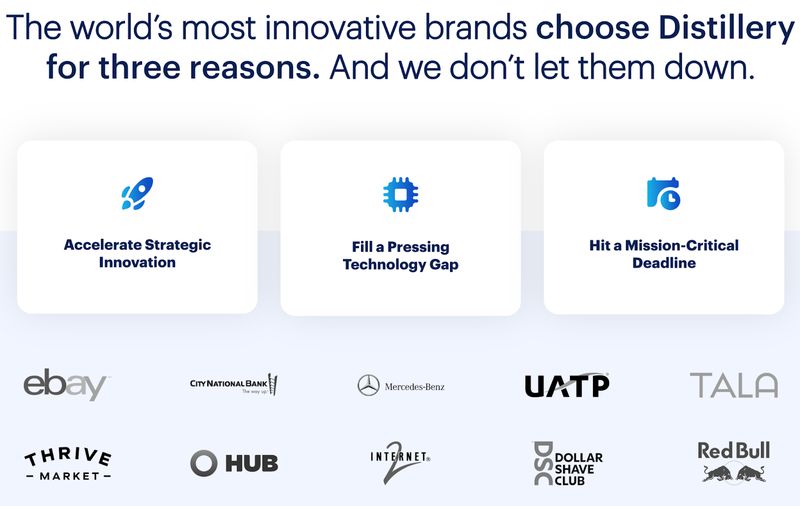 recognizable client logos displayed on Distillery's B2B website homepage