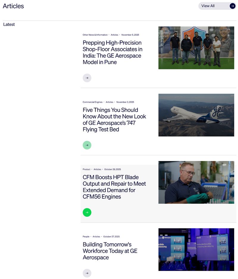 GE Aerospace's "News" page featuring recent articles