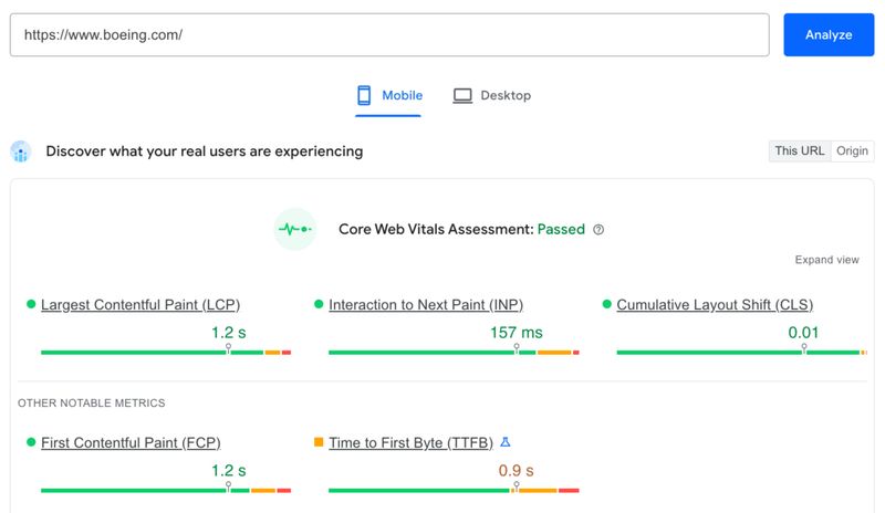 screenshot of Boeing.com's passed Core Web Vitals Assessment via Google's PageSpeed Insights tool