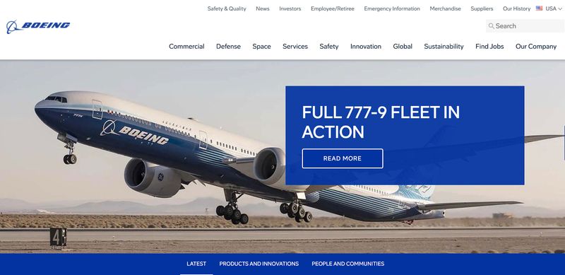 quick loading homepage of B2B aerospace manufacturer Boeing