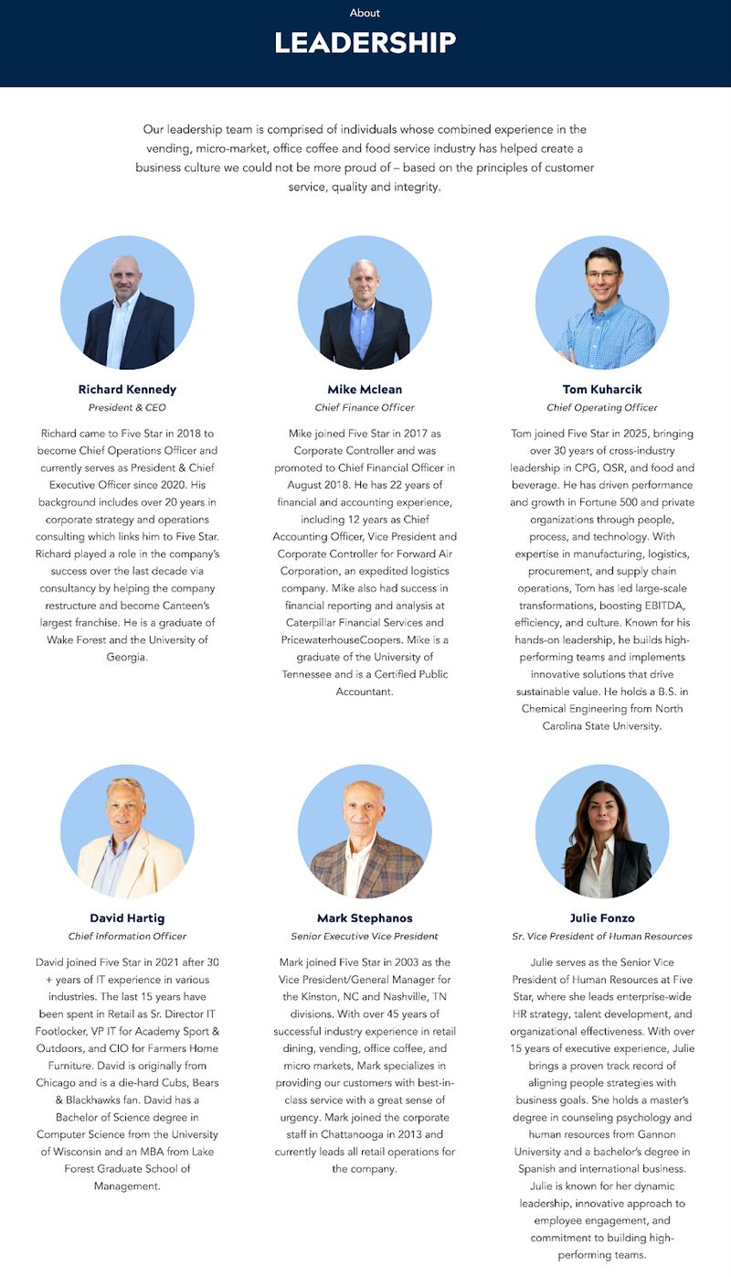 "Leadership" page of B2B company Five Star Breaktime Solutions' website featuring trust-building photos, titles, and bios