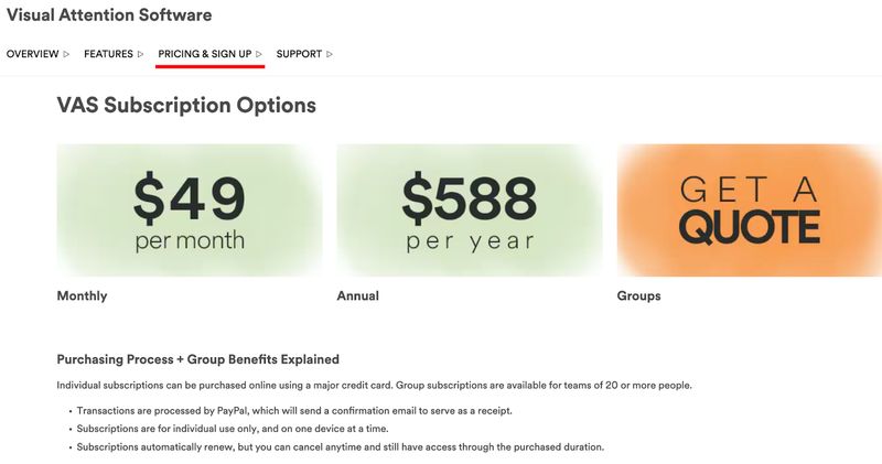 Visual Attention Software pricing page from B2B company 3M