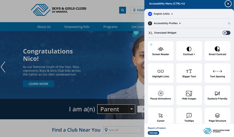 accessibility menu of the nonprofit Boys and Girls Clubs of America's website home page