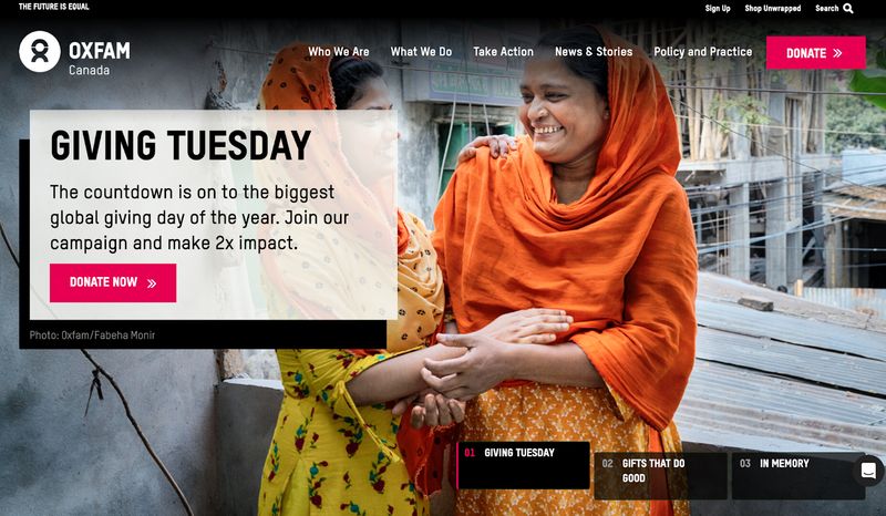 screenshot of nonprofit Oxfam Canada's website homepage