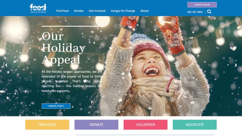 home page of nonprofit website Feed Nova Scotia showing CTAs for different user journeys