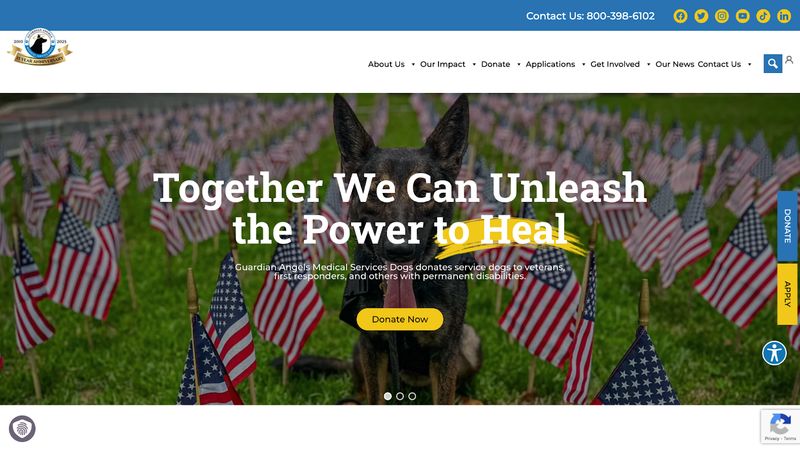 hero message on nonprofit organization Guardian Angels Medical Service Dogs' website home page