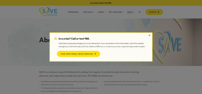 crisis message popup on nonprofit website SAVE