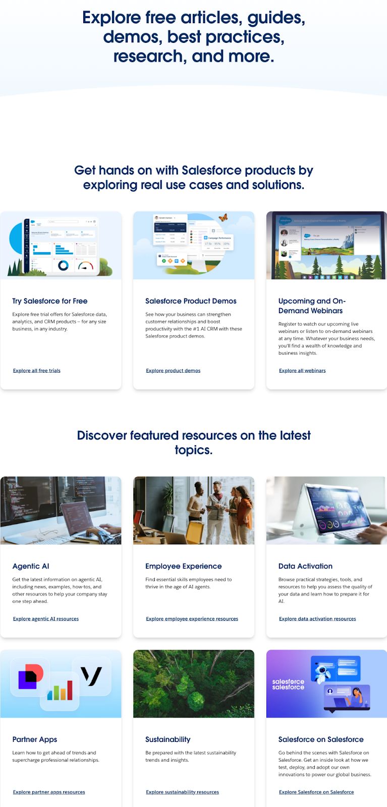 Salesforce's well-organized "Resources" page featuring free articles, guides, and demos