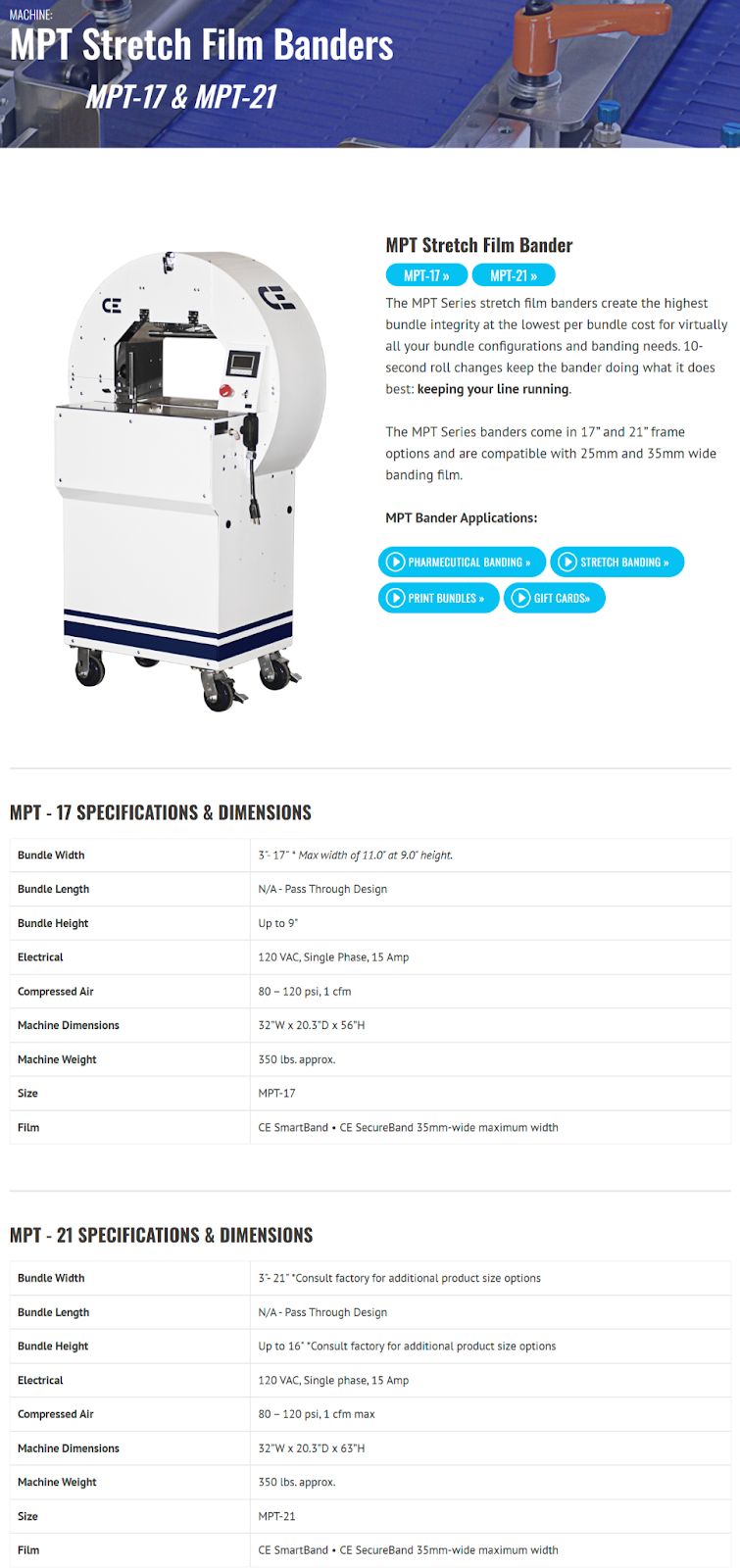 "MPT Stretch Film Banders" page from B2B manufacturer Madison Banders