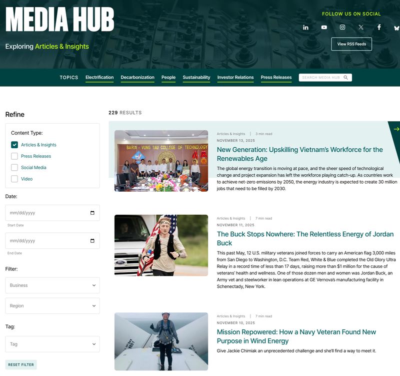 "Media Hub" web page of global energy company GE Vernova featuring blog articles and industry insights