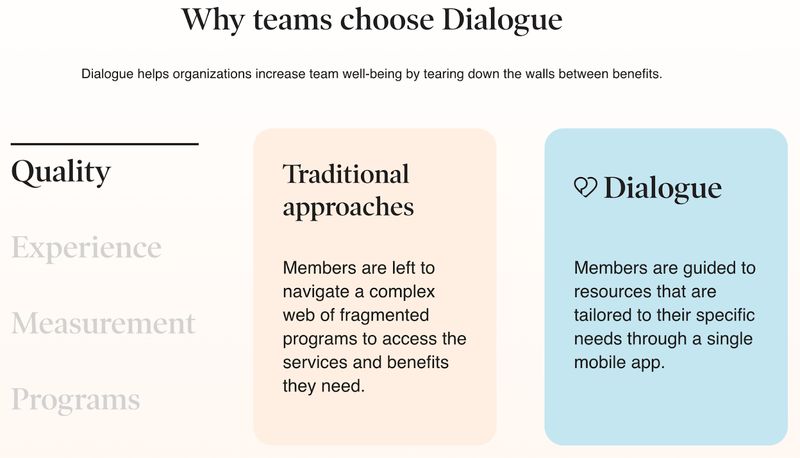 screenshot of a comparison chart on Dialogue's "Why Dialogue?" web page