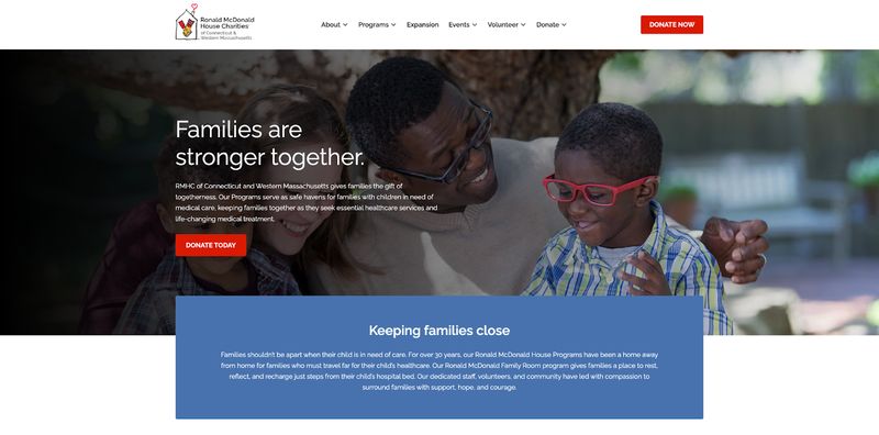 screenshot of the hero image and message of nonprofit website RMHC of Connecticut and Western Massachusetts