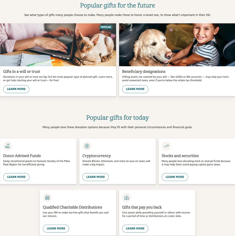 screenshot of the "popular gifts" sections on the Humane Society of Pikes Park Region's charitable giving microsite