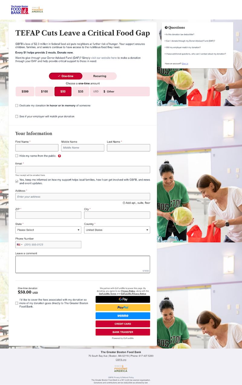 screenshot of nonprofit The Greater Boston Food Bank's website donation form