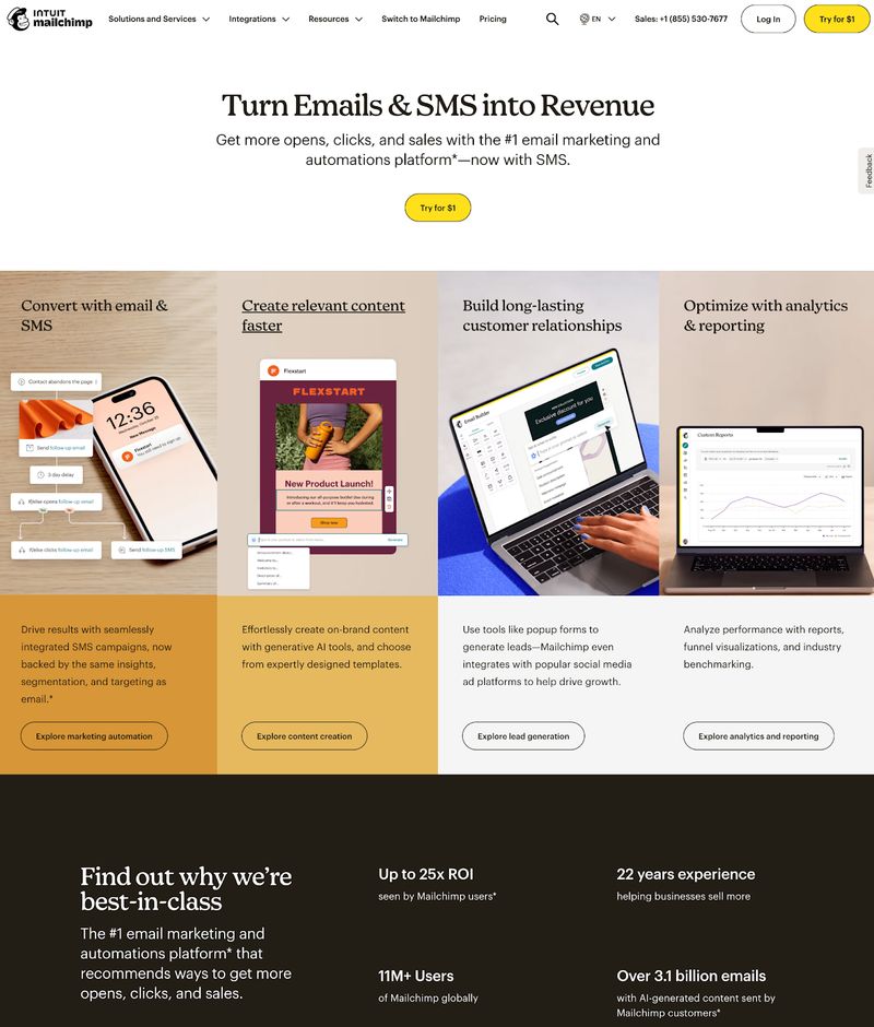 screenshot of B2B company Mailchimp's homepage featuring a hero message and product benefits