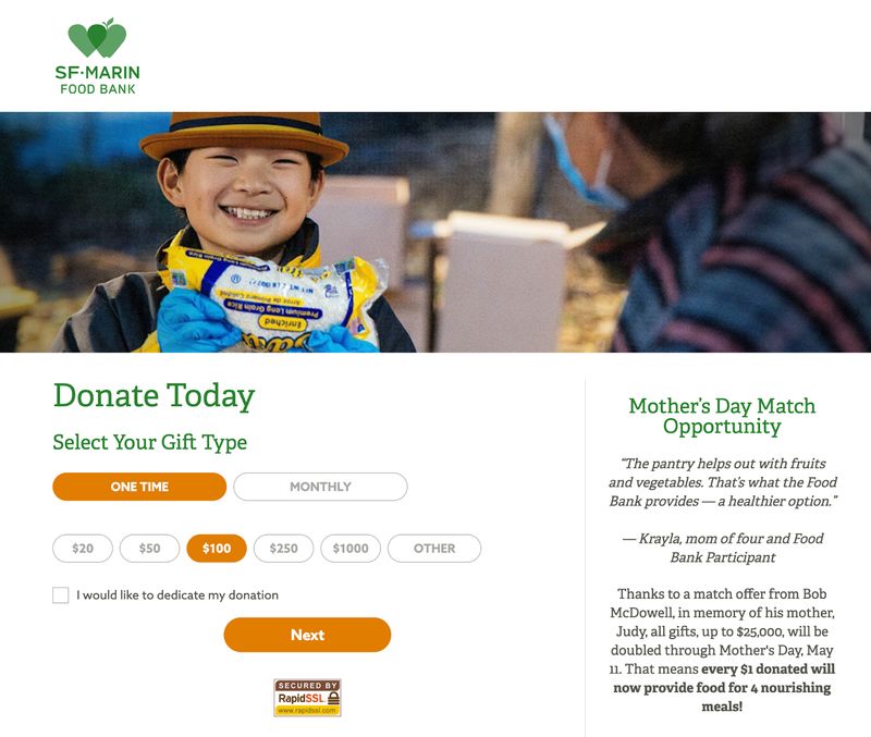 screenshot of nonprofit San Francisco Marin Food Bank's donation landing page
