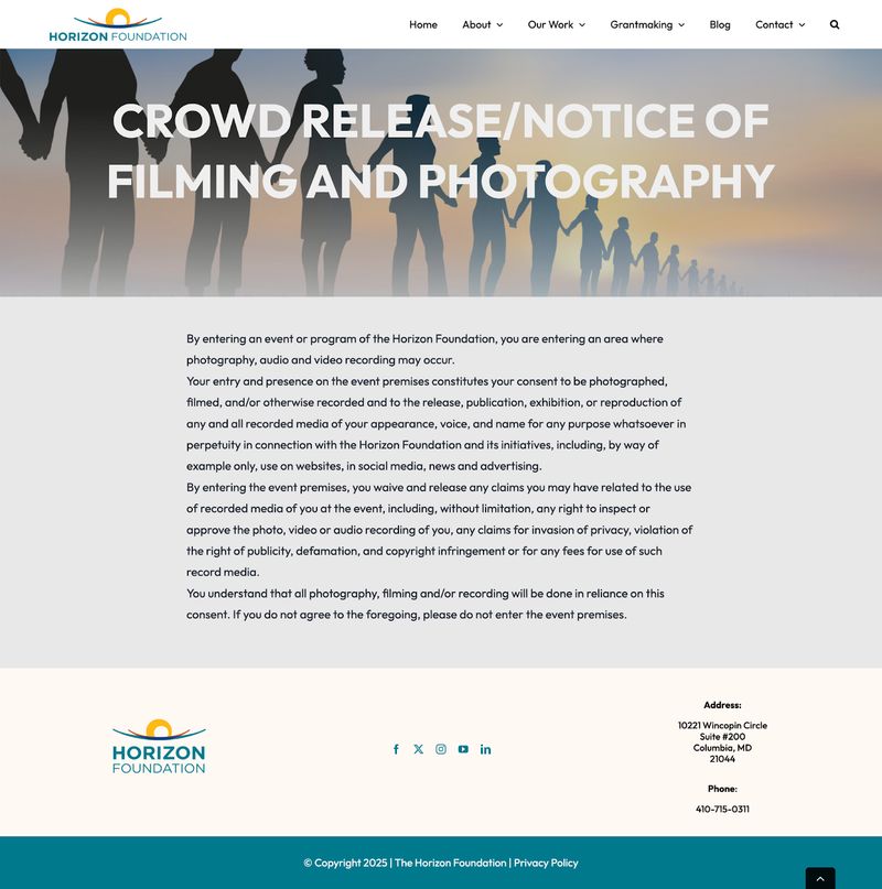 screenshot of nonprofit organization Horizon Foundation's crowd release consent notice