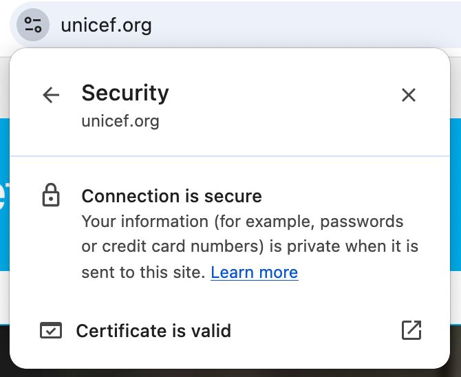 screenshot of the connection security notice shown in the browser address bar for nonprofit Unicef