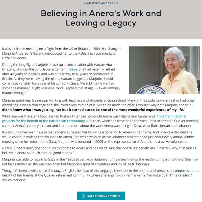 Story of legacy donor Marjorie Anderson sharing why she included nonprofit Anera in her will
