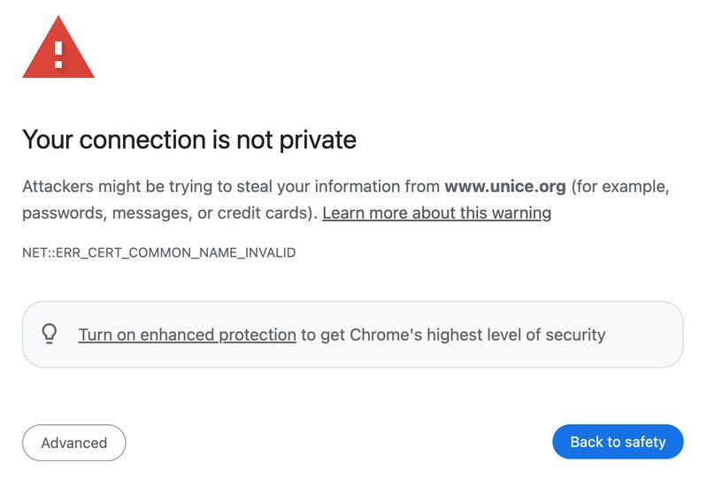 example of a "your connection is not private" warning from Google Chrome