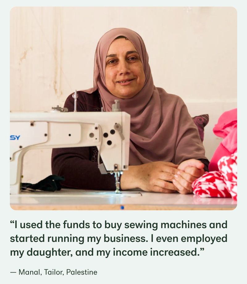 screenshot of nonprofit website Kiva's homepage featuring a female tailor from Palestine with her sewing machine