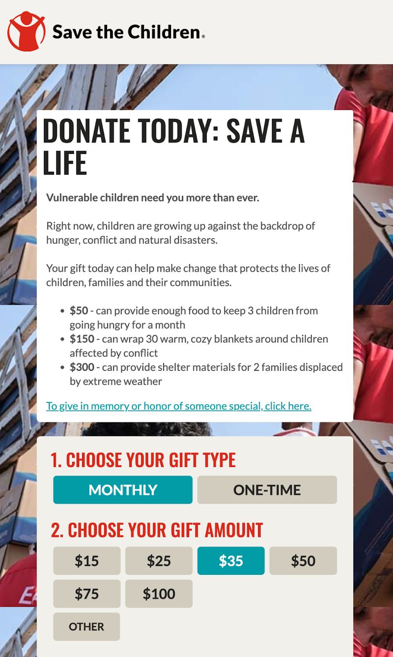 screenshot of impact statements on nonprofit Save the Children's donation landing page