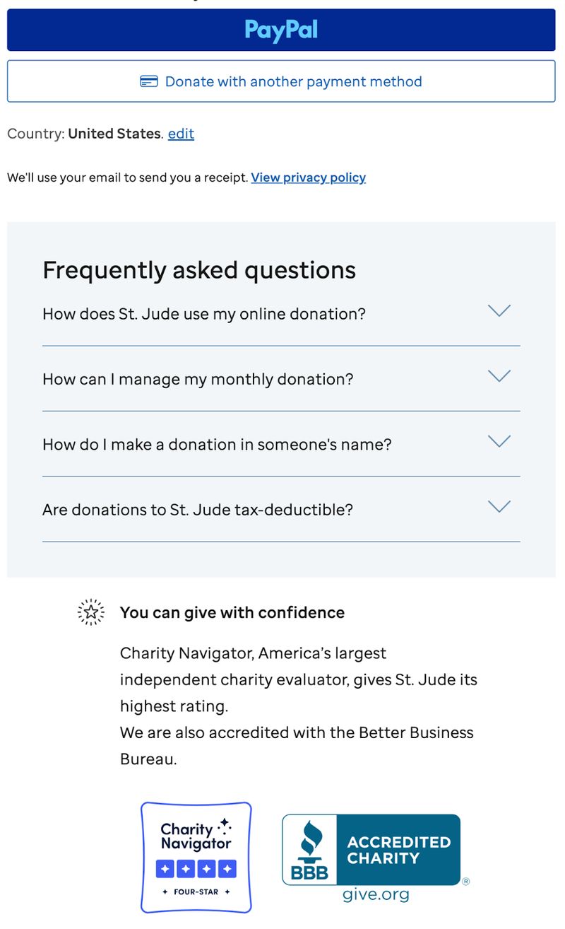 screenshot of the trust signals on St. Jude's website donation page