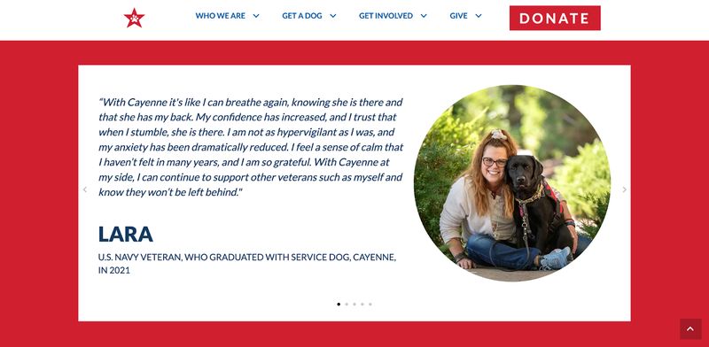 screenshot of a testimonial features on the homepage of Freedom Service Dogs of America