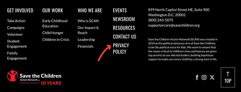screenshot of Save the Children's nonprofit website footer