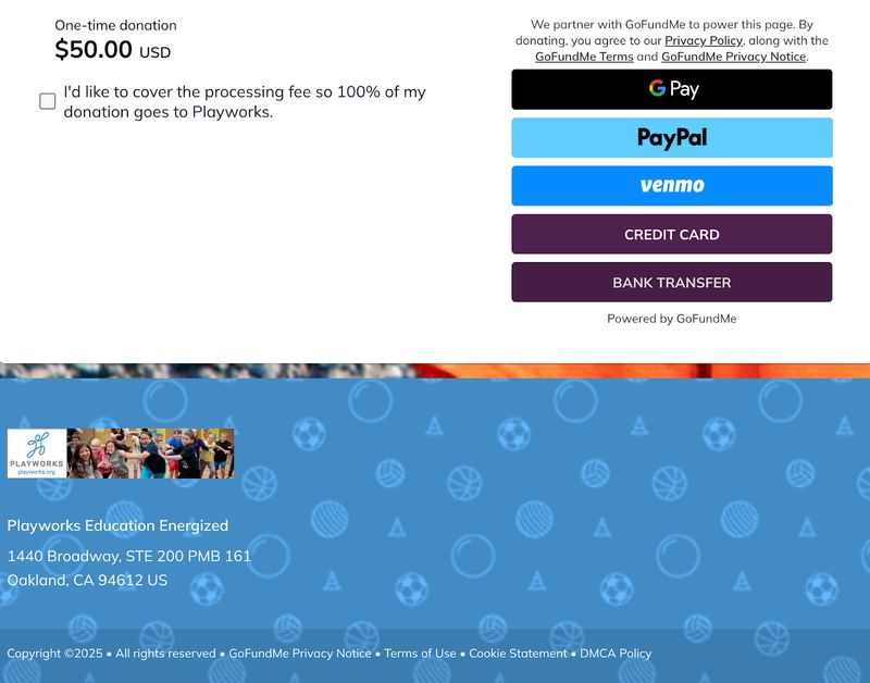 screenshot of the privacy policy links on nonprofit organization Playworks' donation form