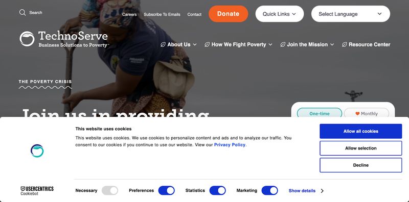 screenshot of nonprofit organization TechnoServe's website homepage showing their cookie banner