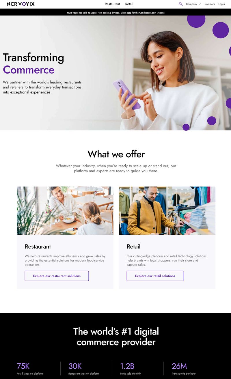 home page of Atlanta B2B company NCR Voyix