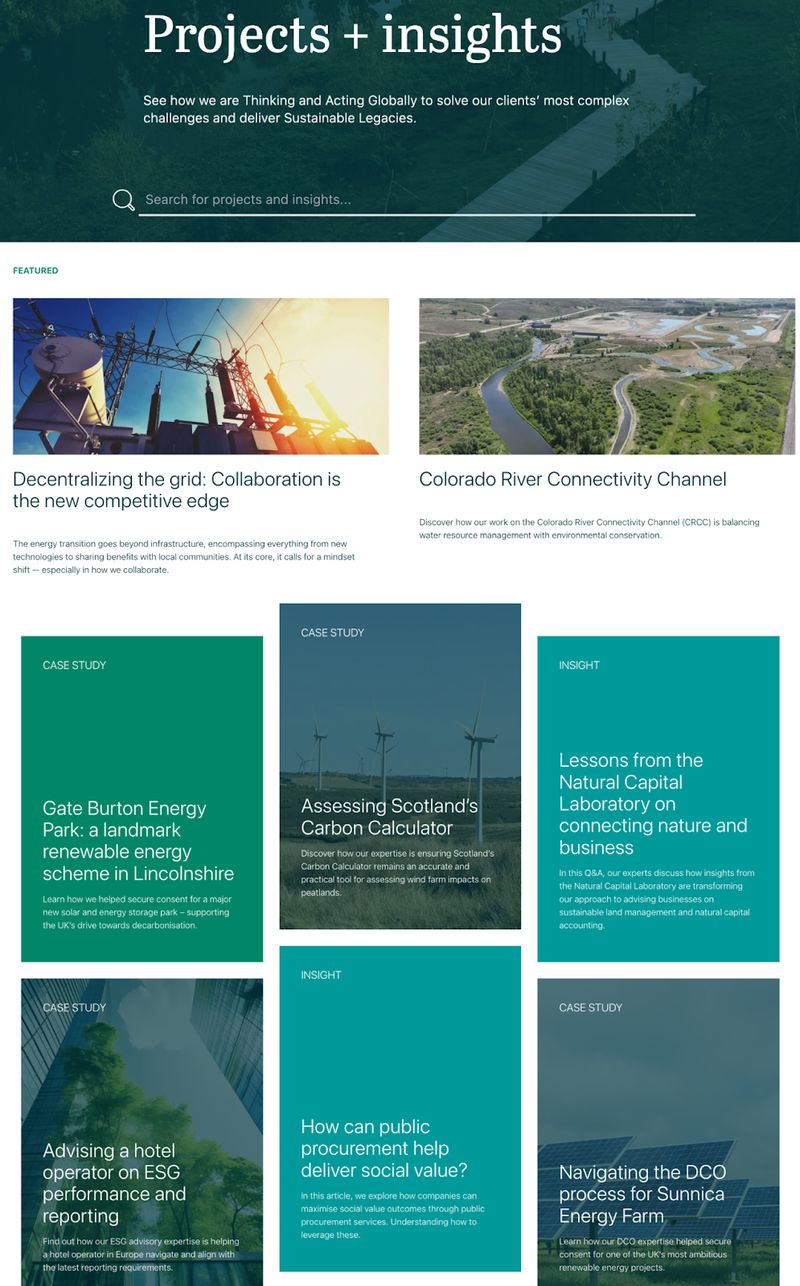 screenshot of the "Projects & Insights" page of AECOM's B2B website