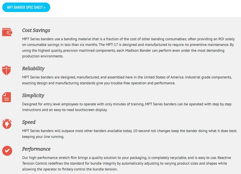 features and benefits list on the "MPT Stretch Film Banders" page from B2B manufacturer Madison Banders