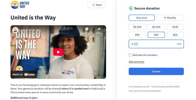 online donation form from nonprofit organization United Way