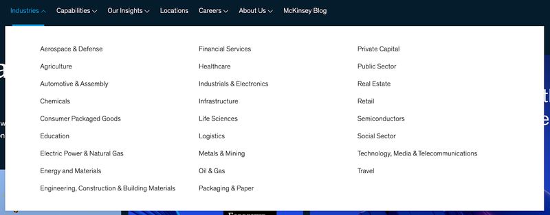 navigation menu showing the “Industries” section of B2B firm McKinsey & Company’s website