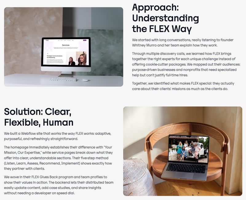 screenshot of Trajectory's case study for Flex Partners showing our website redesign approach and solution