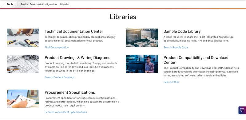 "Libraries" section of Rockwell Automation's "Tools" web page featuring documentations, drawings, and specs