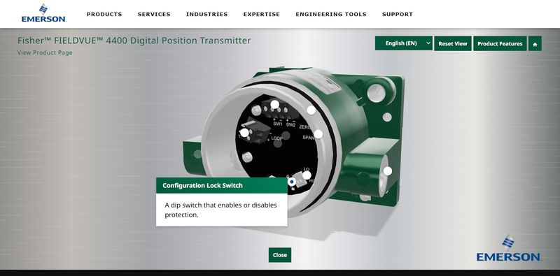 interactive 3D product viewer from B2B manufacturing company Emerson showing components of the Fisher FIELDVUE 4400 Digital Position Transmitter