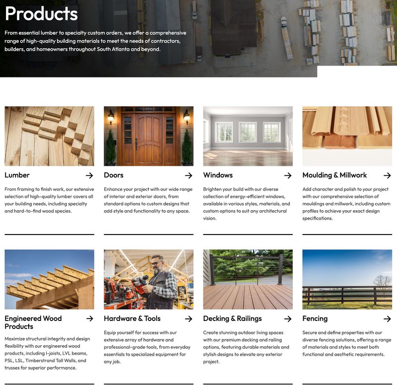 product page for Carl E. Smith & Son’s Building Materials reflecting their current product offering
