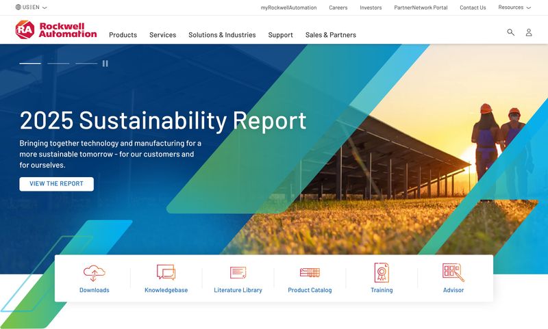 Rockwell Automation homepage featuring the 2025 Sustainability Report hero section with industrial solar panel imagery and a resource navigation bar offering Downloads Knowledgebase Literature Library Product Catalog Training and Advisor links