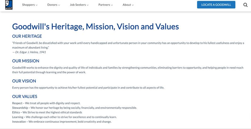 Goodwill nonprofit mission and values example