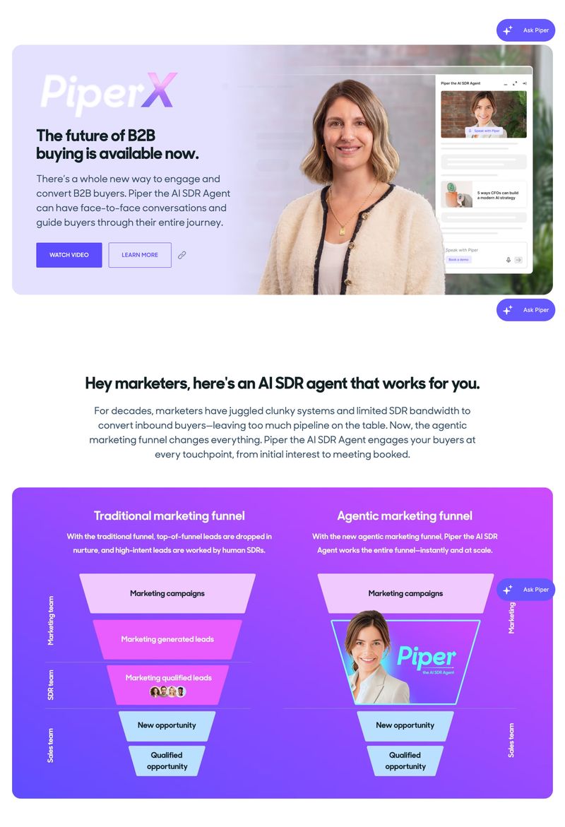 Qualified's PiperX homepage showing their AI SDR agent Piper with a comparison diagram of traditional marketing funnels versus agentic marketing funnels, demonstrating how AI handles the full buyer journey from initial interest to meeting booked